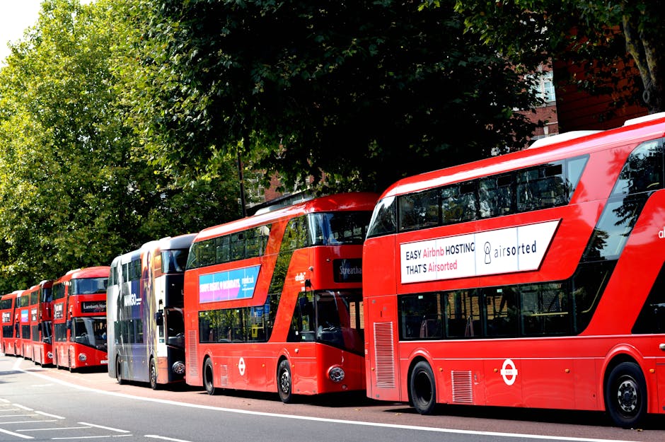 A row of four red double-decker buses parked along a city street under tall leafy trees, with the front bus displaying a white and red advertisement for Airbnb hosted properties. The buses are positioned side by side, partially covering a sidewalk and facing in the same direction, with one bus slightly angled toward the camera. Behind the buses, there are green foliage and tree branches providing shade, and a building with red brick walls is partially visible in the background. The scene is well-lit with natural daylight, highlighting the vibrant red color of the buses and the surrounding environment. This image illustrates London transportation infrastructure, likely captured during daytime, and can relate to urban logistics and the transportation aspect of house removals, which Movers Lambeth may coordinate in the context of home relocation and furniture transport services.